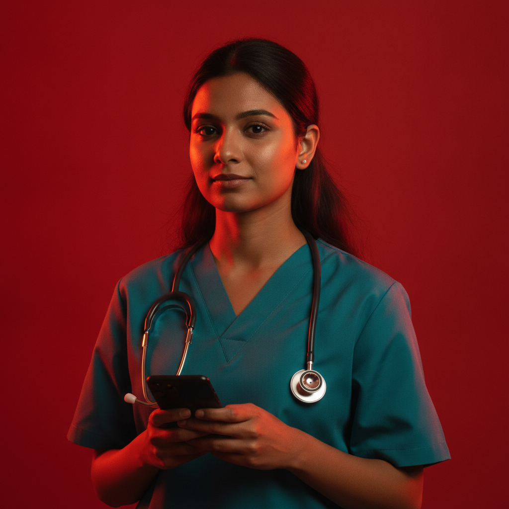 A medical intern in scrubs holding a phone, lit in dramatic red